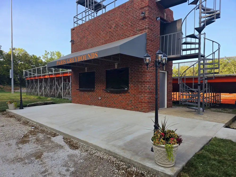 The new brick entrance and concessions building at the Paris Greyhounds field